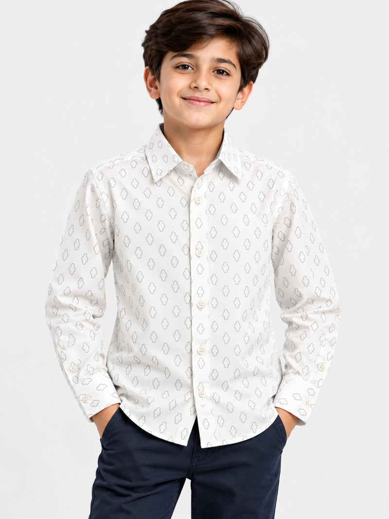 Boy's Self Printed White Casual Shirt