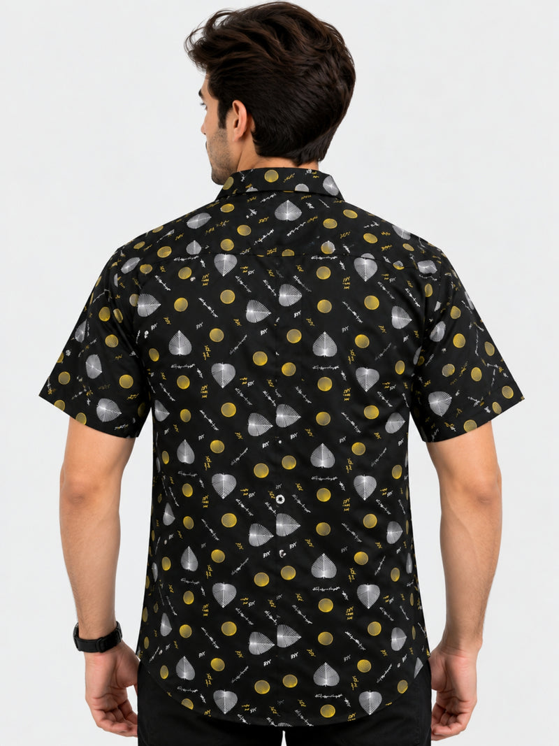 Men’s Leaf & Polka Print Half Sleeve Casual Shirt – Black