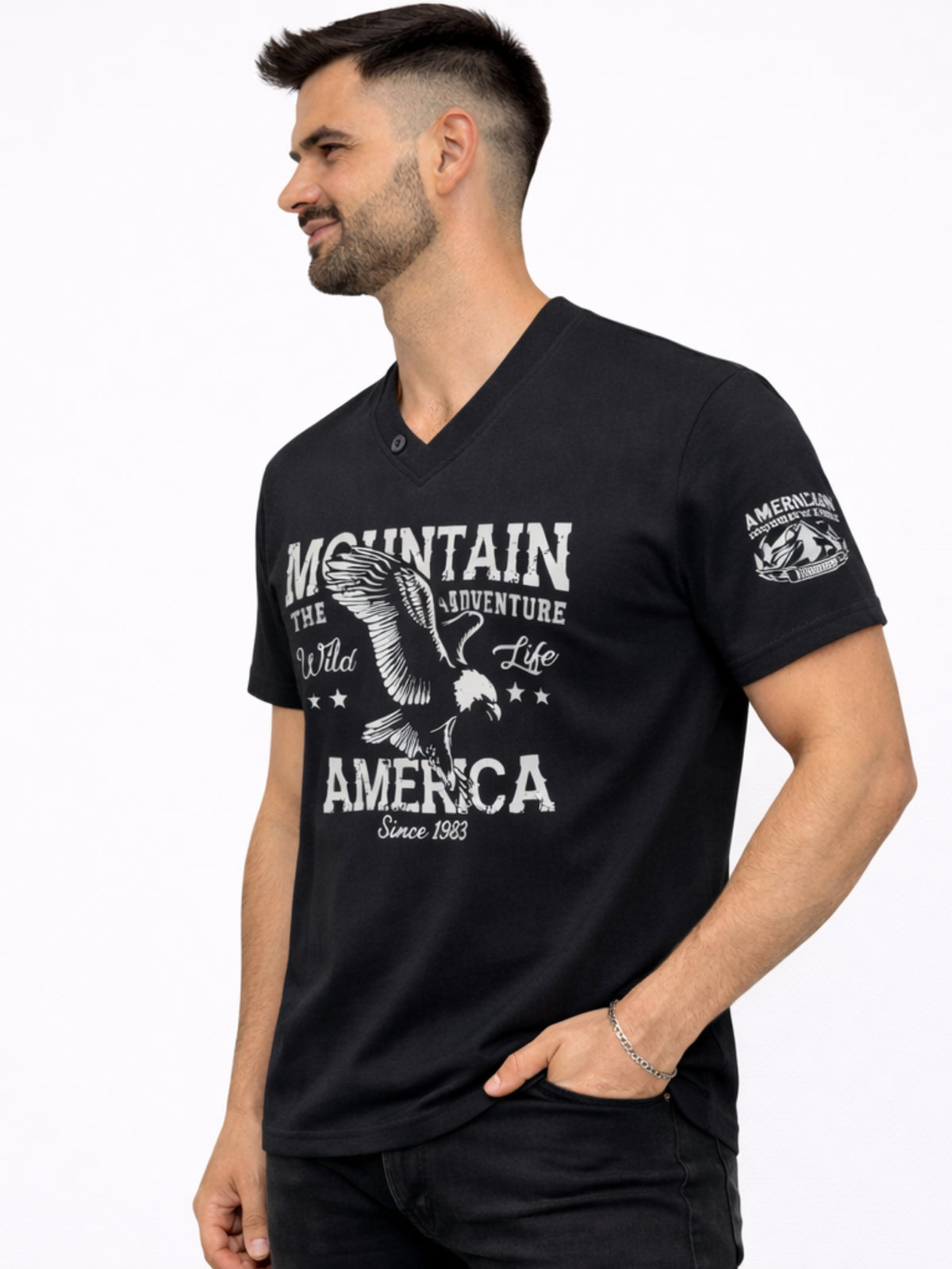 Men's Graphic Printed V Neck Tee Shirt - Black
