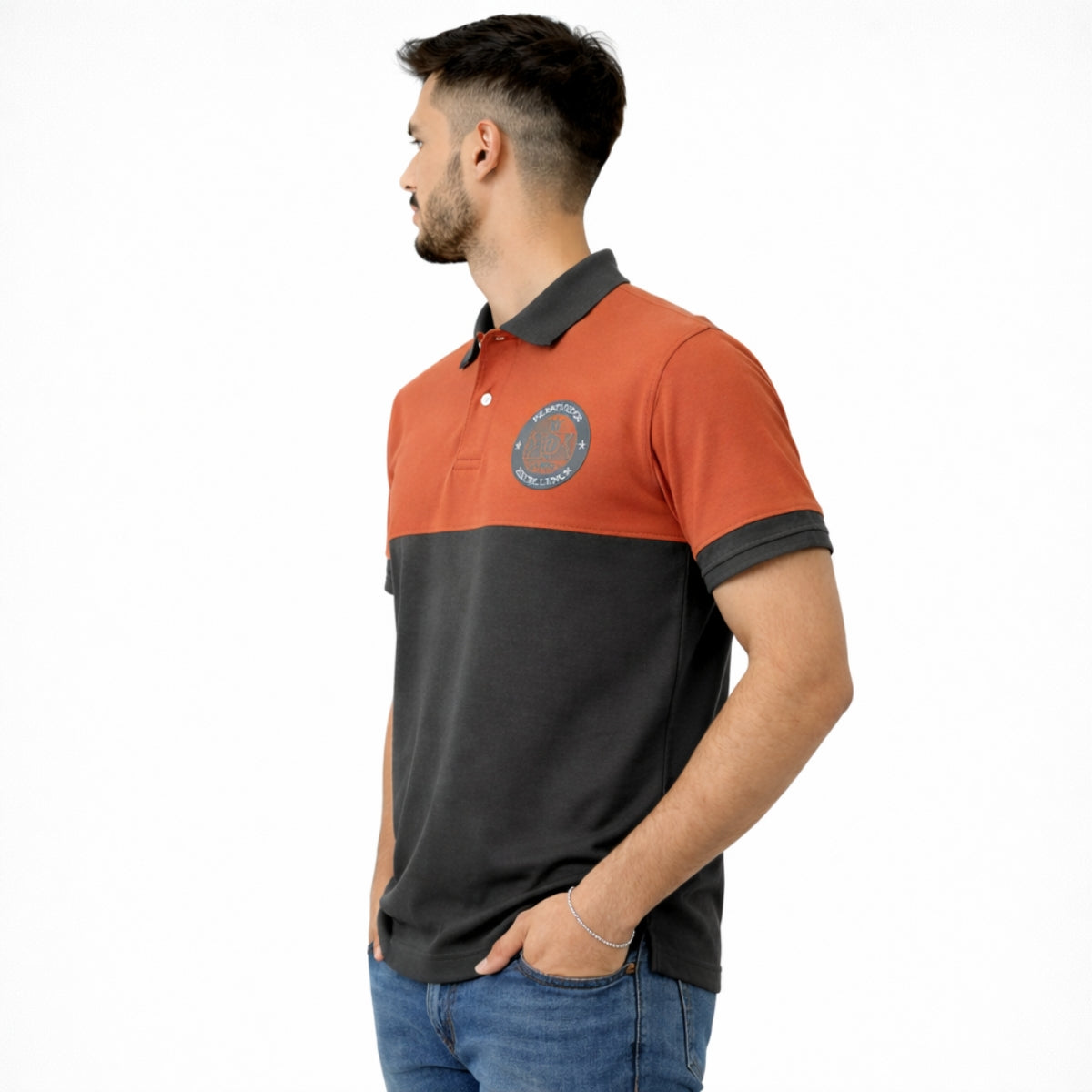 Men's Signature Emb Luxury Panel Polo - Rust & Dark Gray