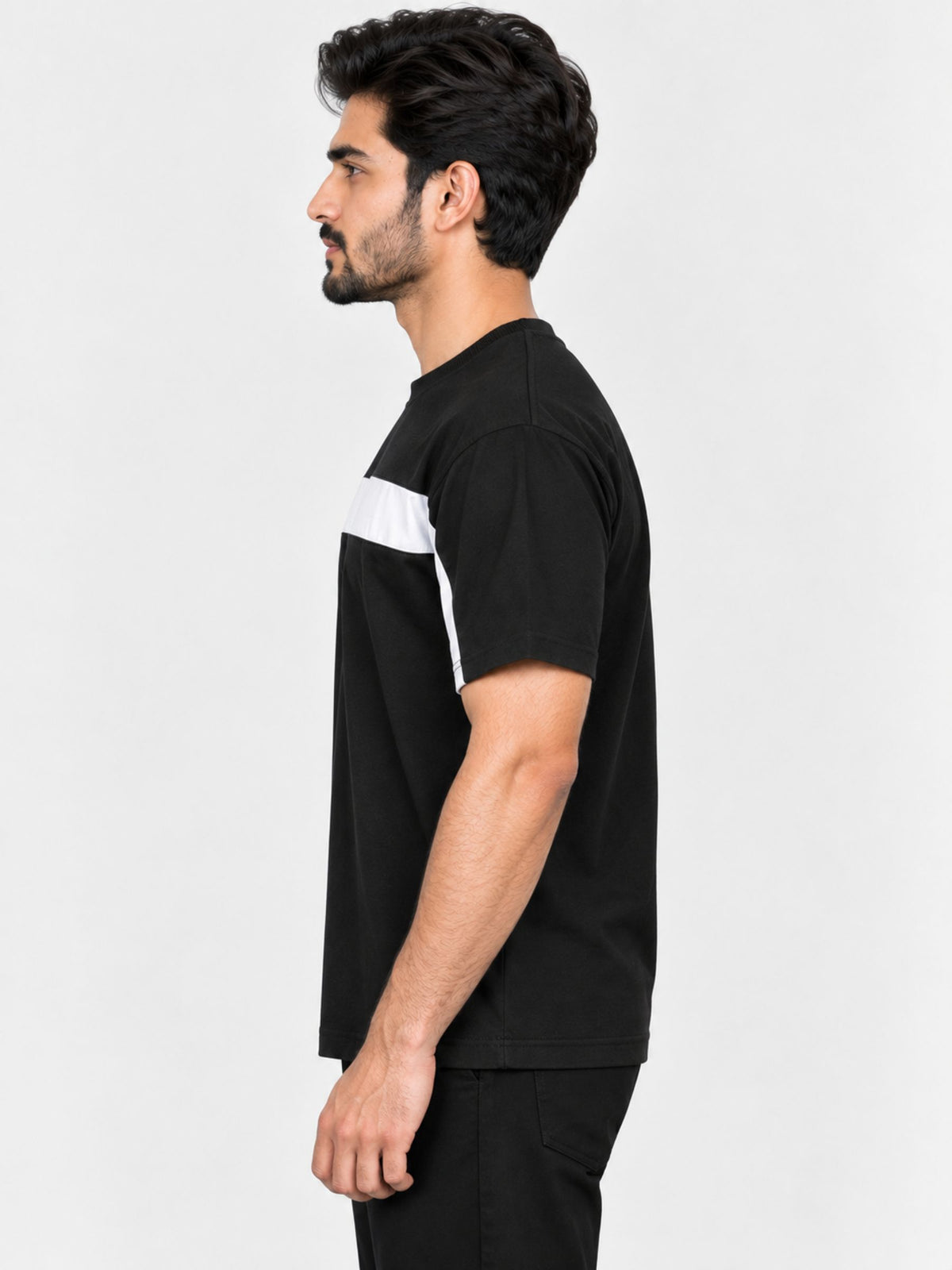 Oversize White Body Panel Fashion Tee Shirt - Black