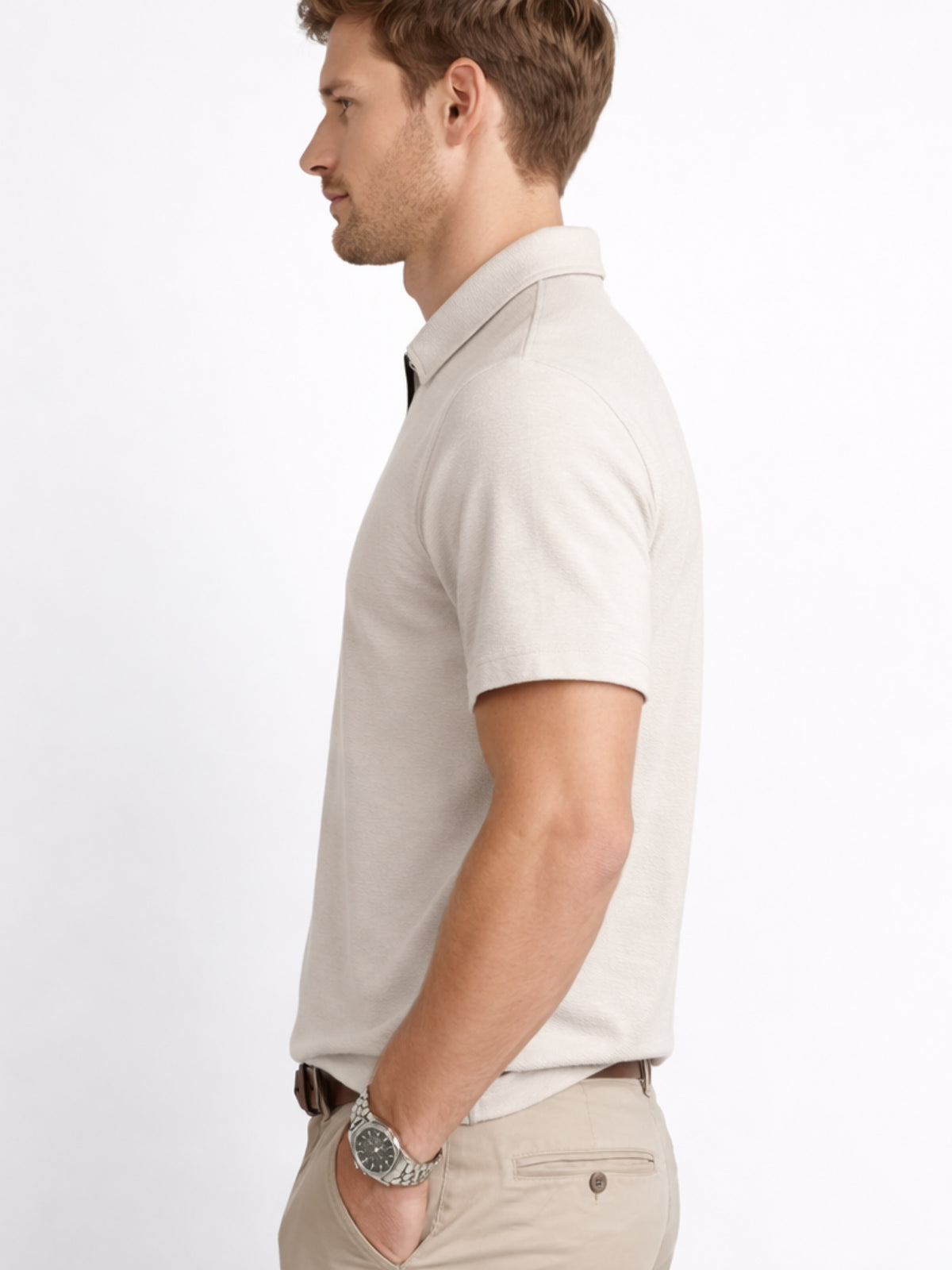 Men’s Premium Textured Half-Zip Polo Shirt – Beige