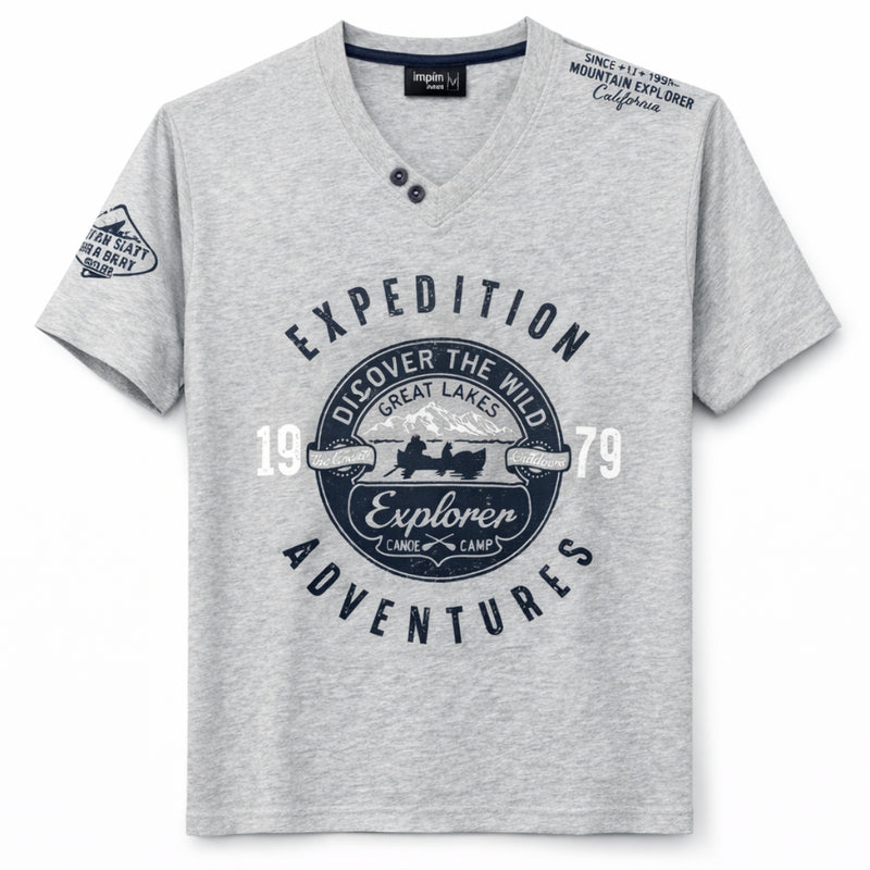 Men's Graphic Printed V Neck Tee Shirt - Hyder Gray