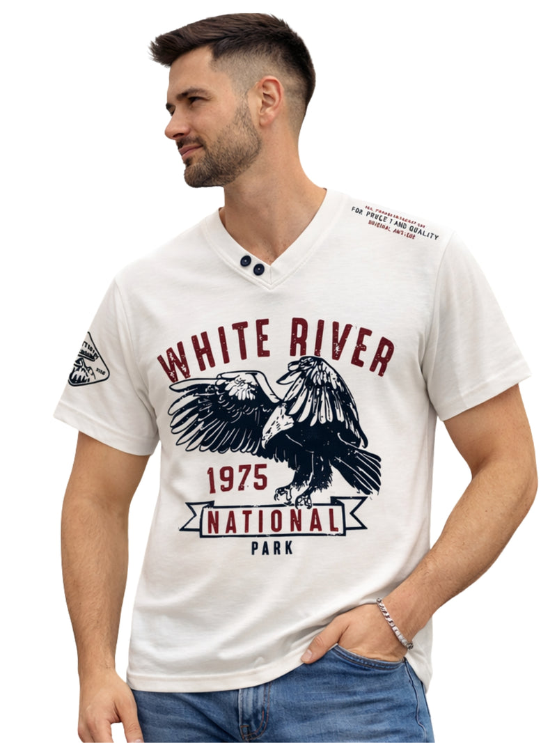 Men's Graphic Printed V Neck Tee Shirt - White