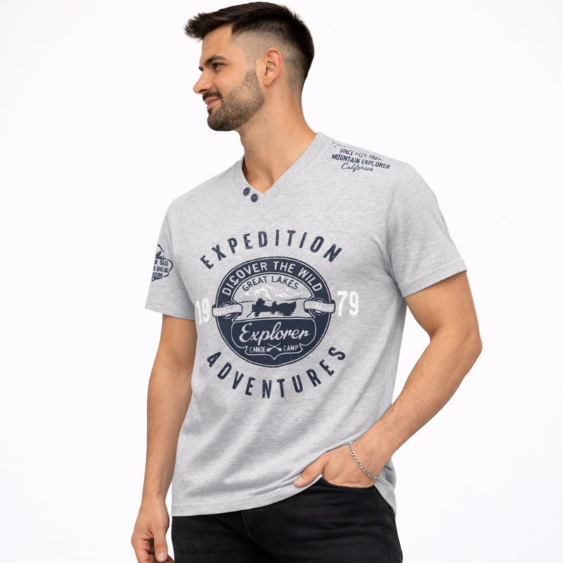 Men's Graphic Printed V Neck Tee Shirt - Hyder Gray