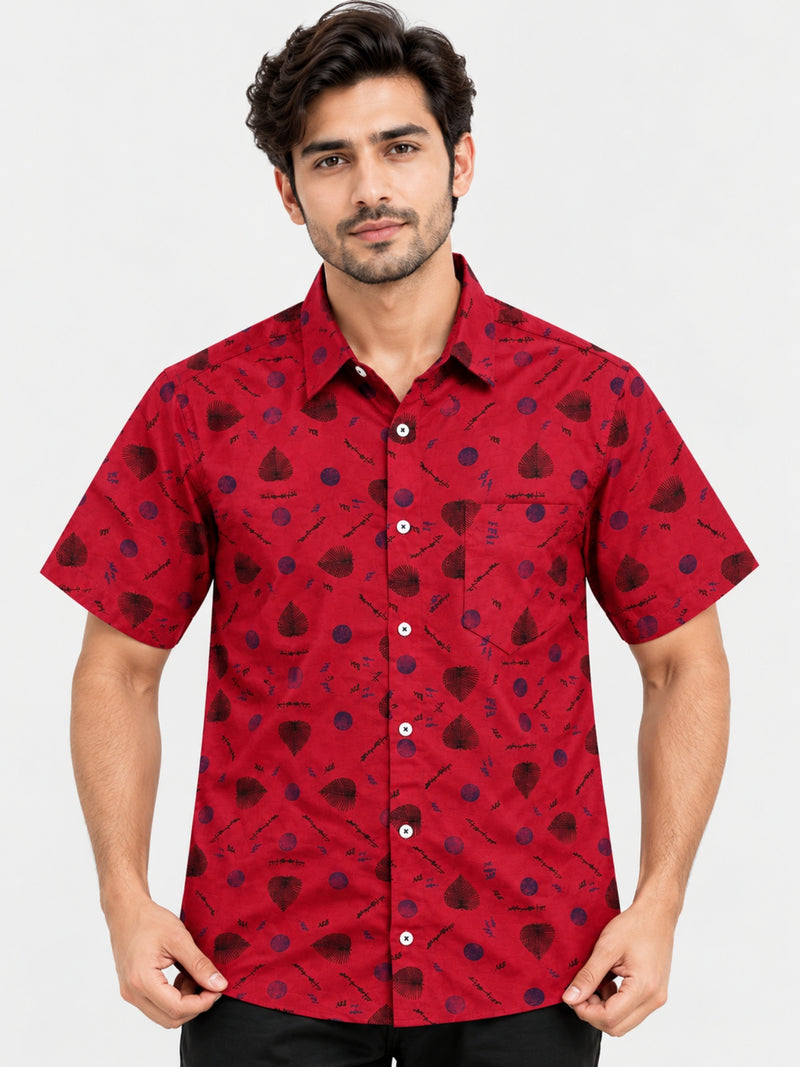 Men’s Leaf & Polka Print Half Sleeve Casual Shirt – Red