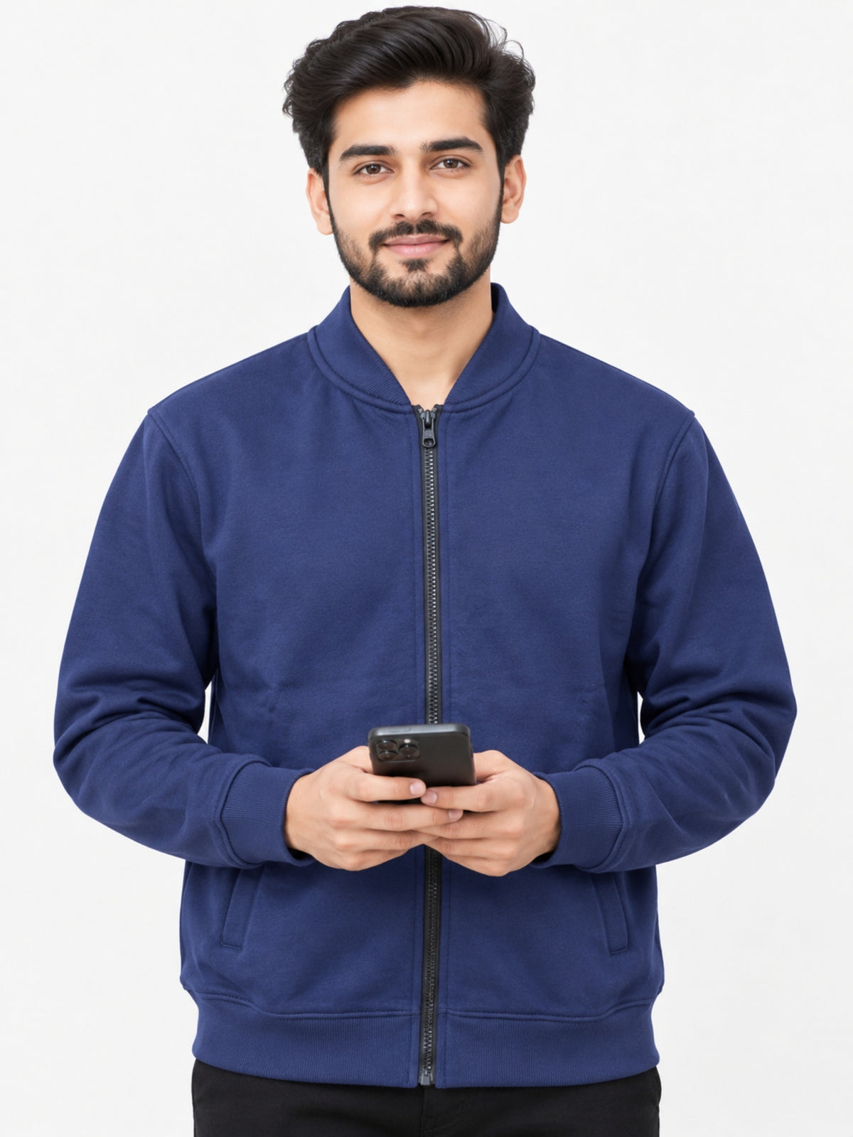 Hangree Solid Fleece Bomber Zipper Jacket - Navy