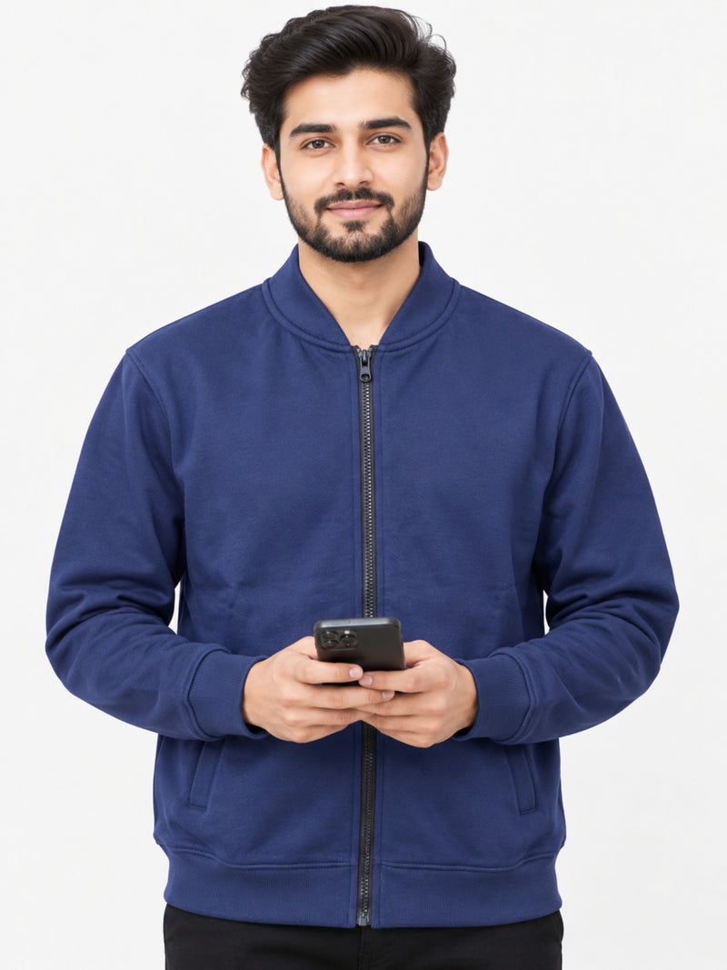 Hangree Solid Fleece Bomber Zipper Jacket - Navy
