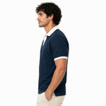 Men’s Classic Thermal Knit Contrast Collar Polo Shirt – Navy Blue