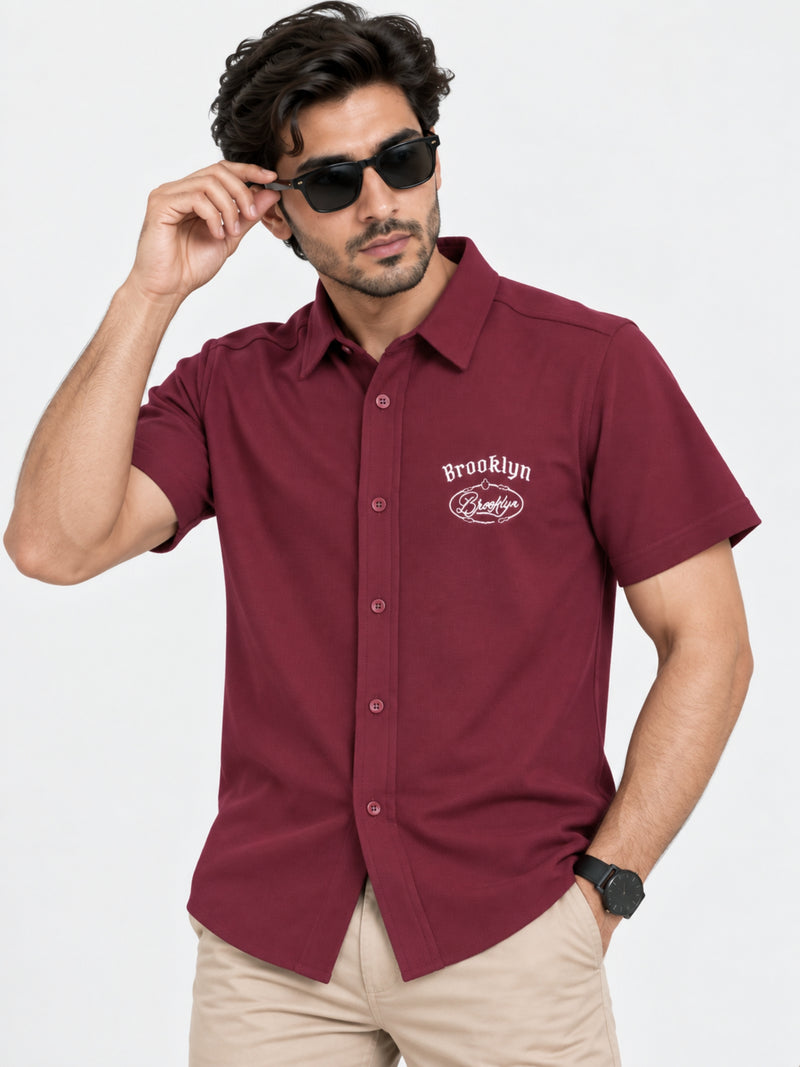 Classy "Brooklyn" Embroidered Soft Cotton Casual Shirt - Maroon