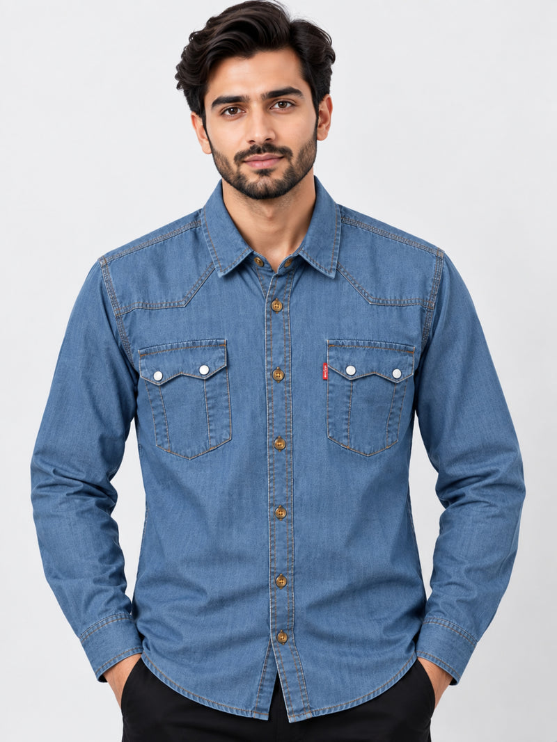 Men's Light Denim Summer Casual Shirt - Navy