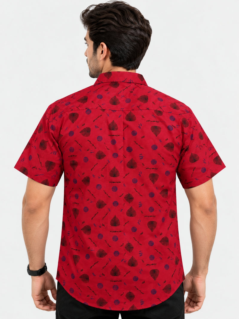 Men’s Leaf & Polka Print Half Sleeve Casual Shirt – Red
