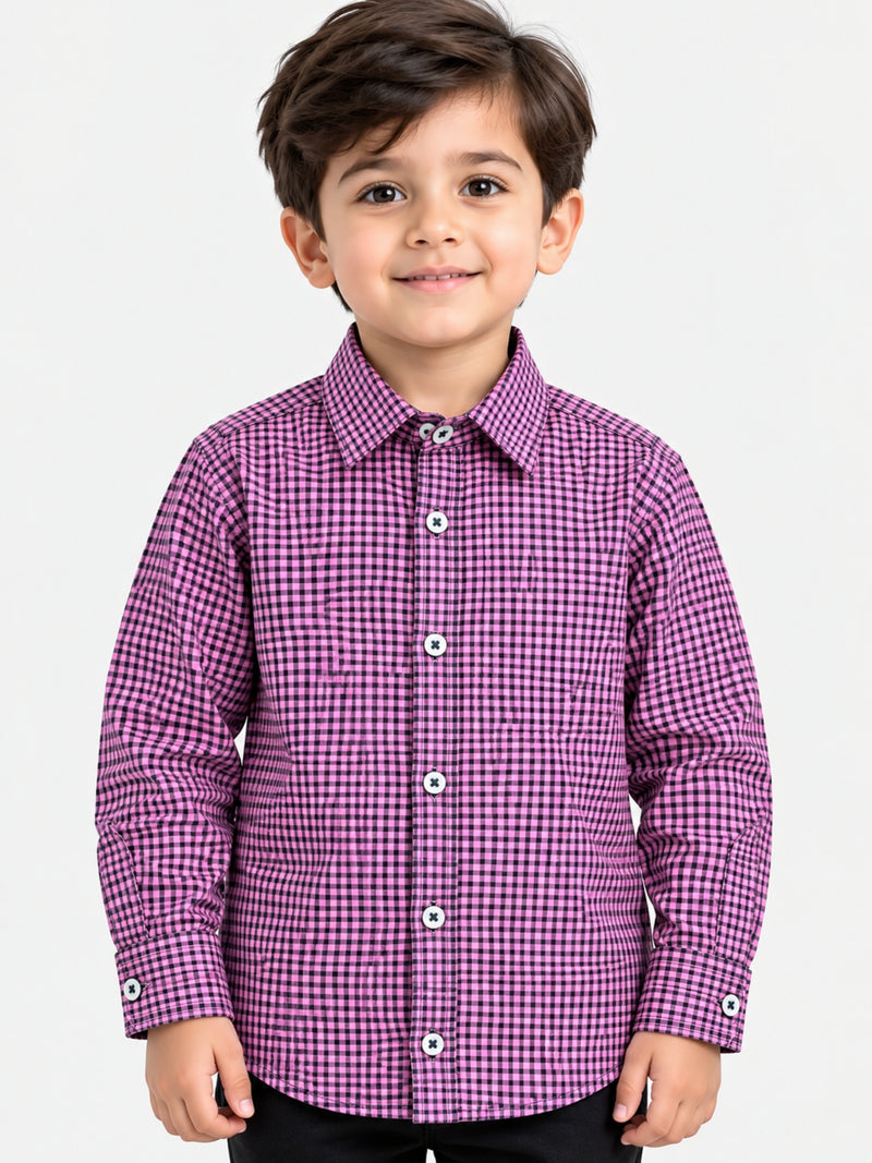 Boy's Micro Checkered Full Sleeves Casual Shirt - Pink