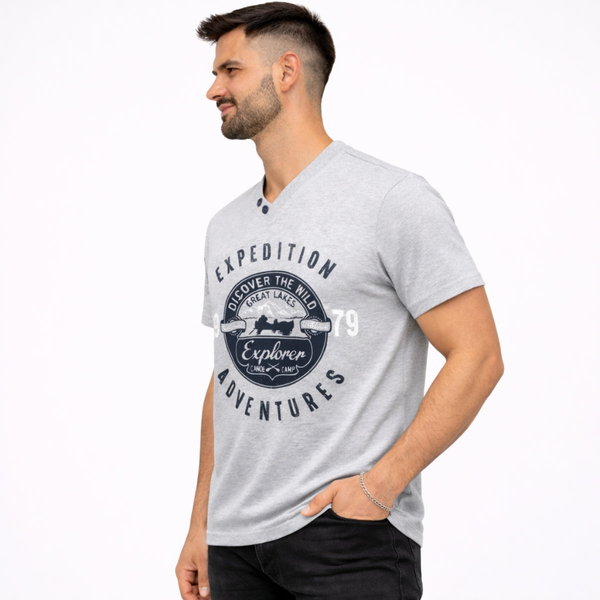 Men's Graphic Printed V Neck Tee Shirt - Hyder Gray