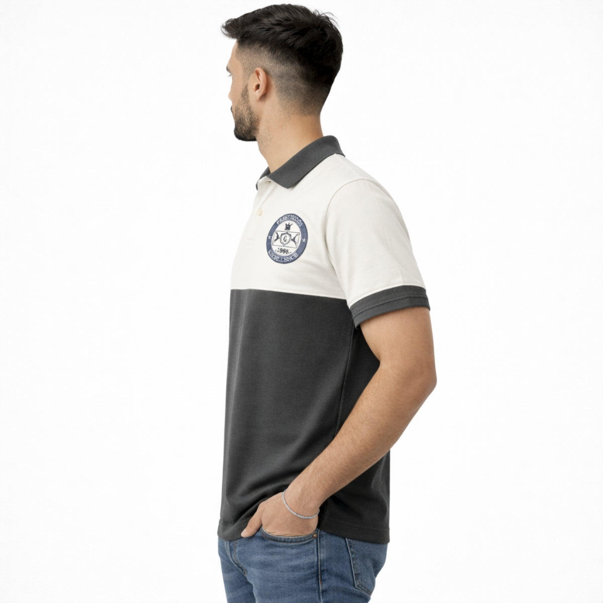 Men's Signature Emb Luxury Panel Polo - White & Dark Gray