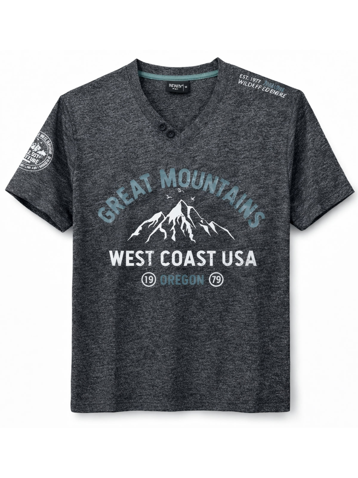 Men's Graphic Printed V Neck Tee Shirt - Charcoal Gray