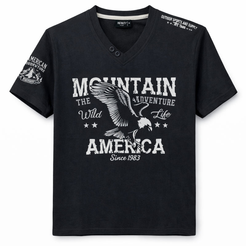 Men's Graphic Printed V Neck Tee Shirt - Black