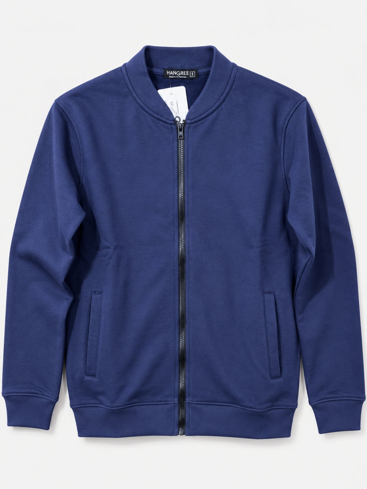 Hangree Solid Fleece Bomber Zipper Jacket - Navy