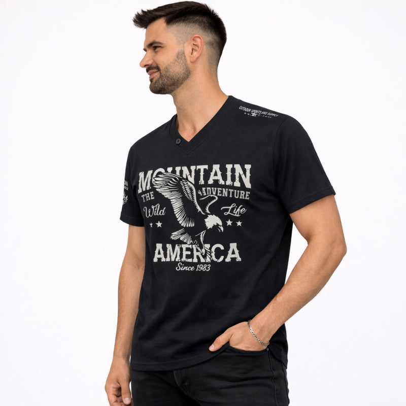 Men's Graphic Printed V Neck Tee Shirt - Black