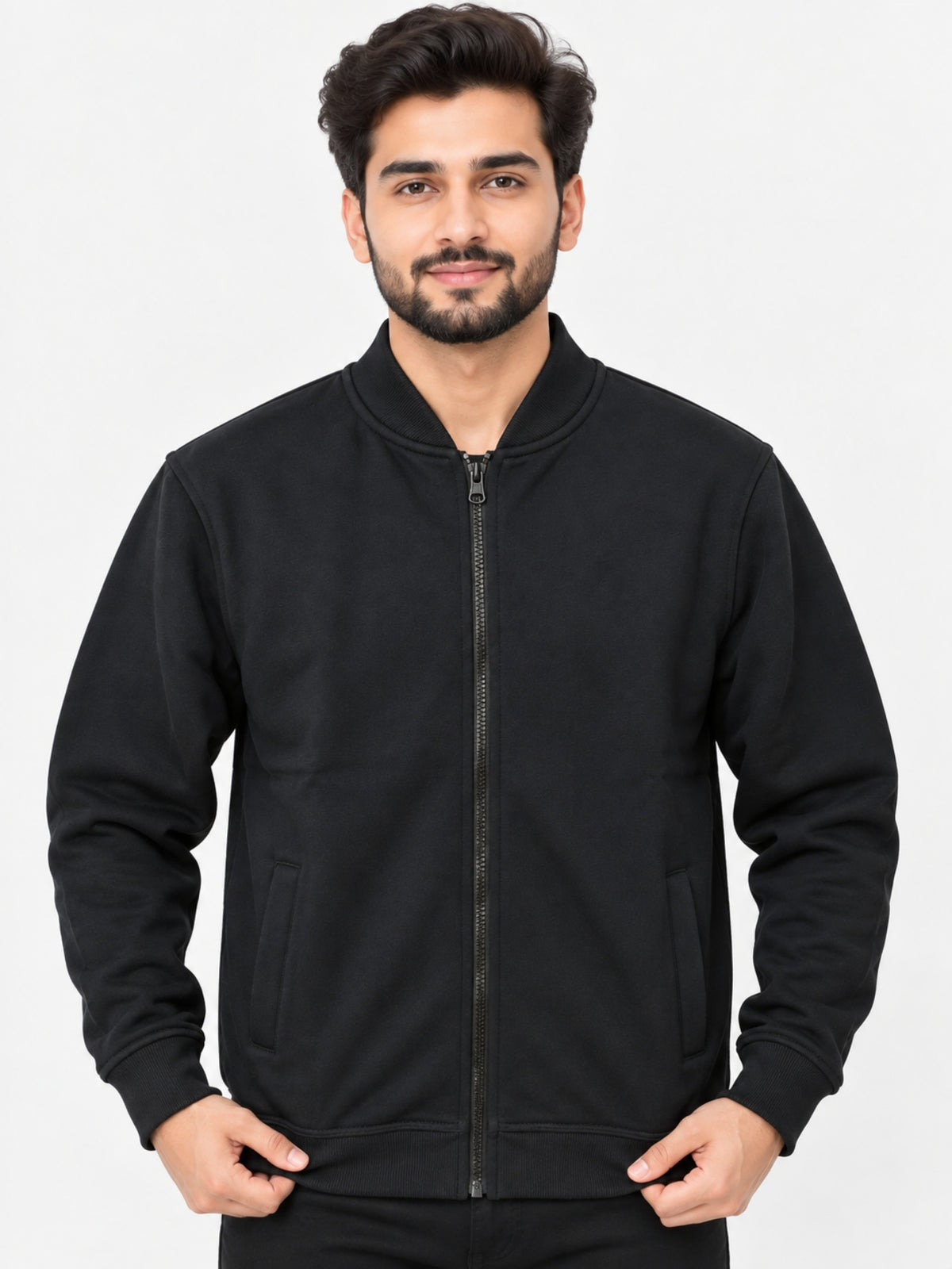 Hangree Solid Fleece Bomber Zipper Jacket - Black