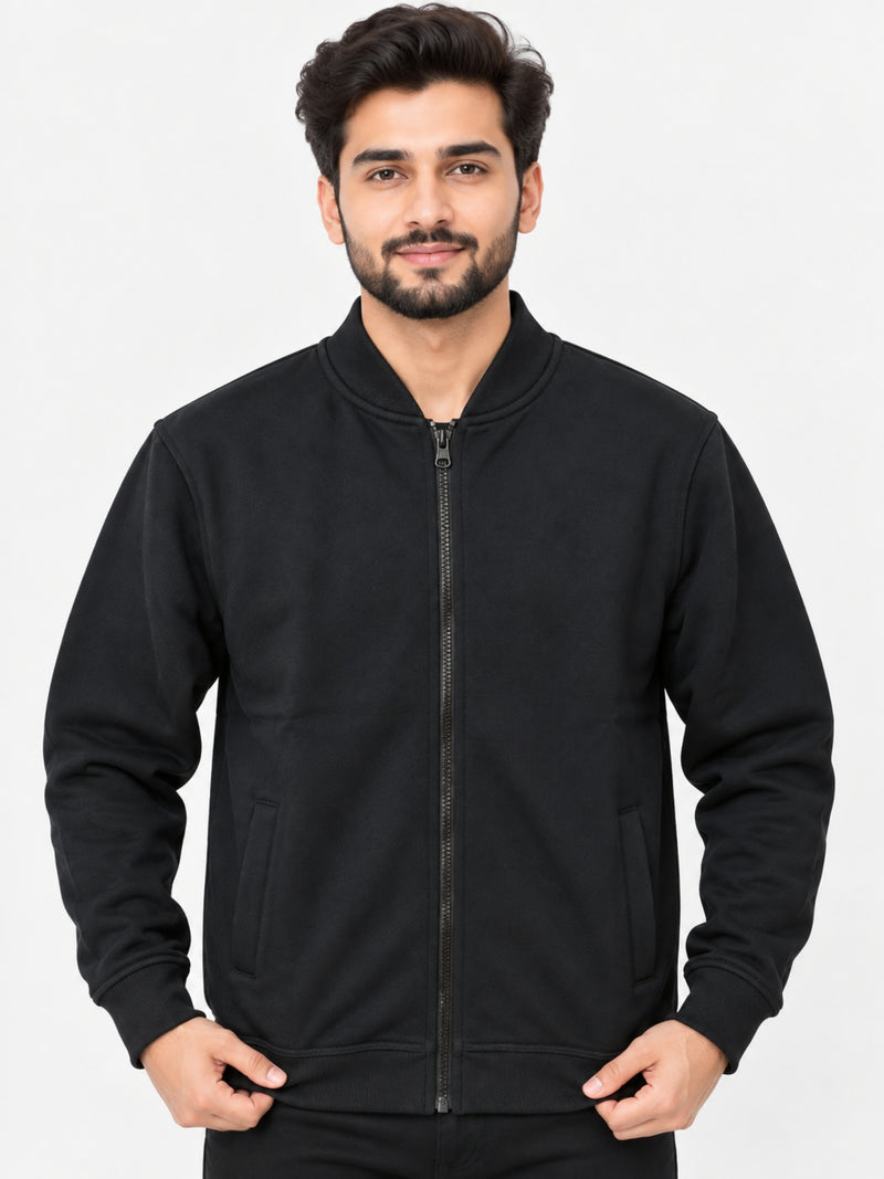 Hangree Solid Fleece Bomber Zipper Jacket - Black