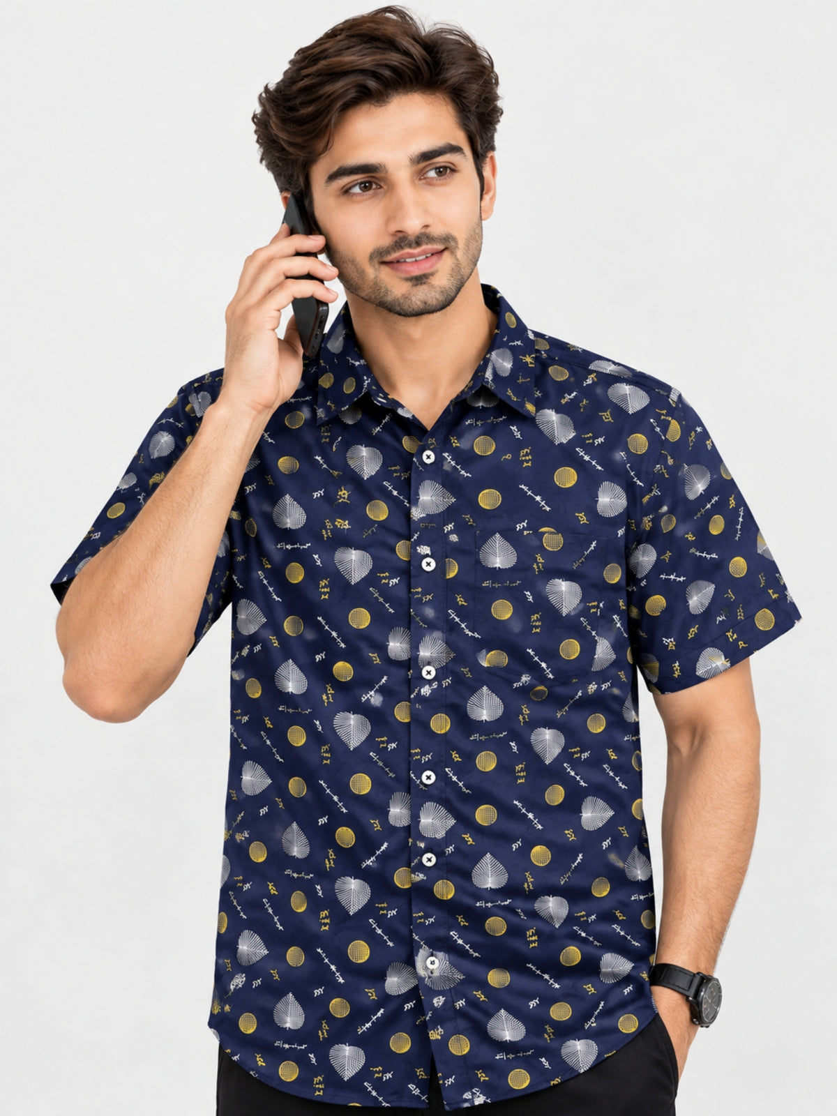 Men’s Leaf & Polka Print Half Sleeve Casual Shirt – Navy