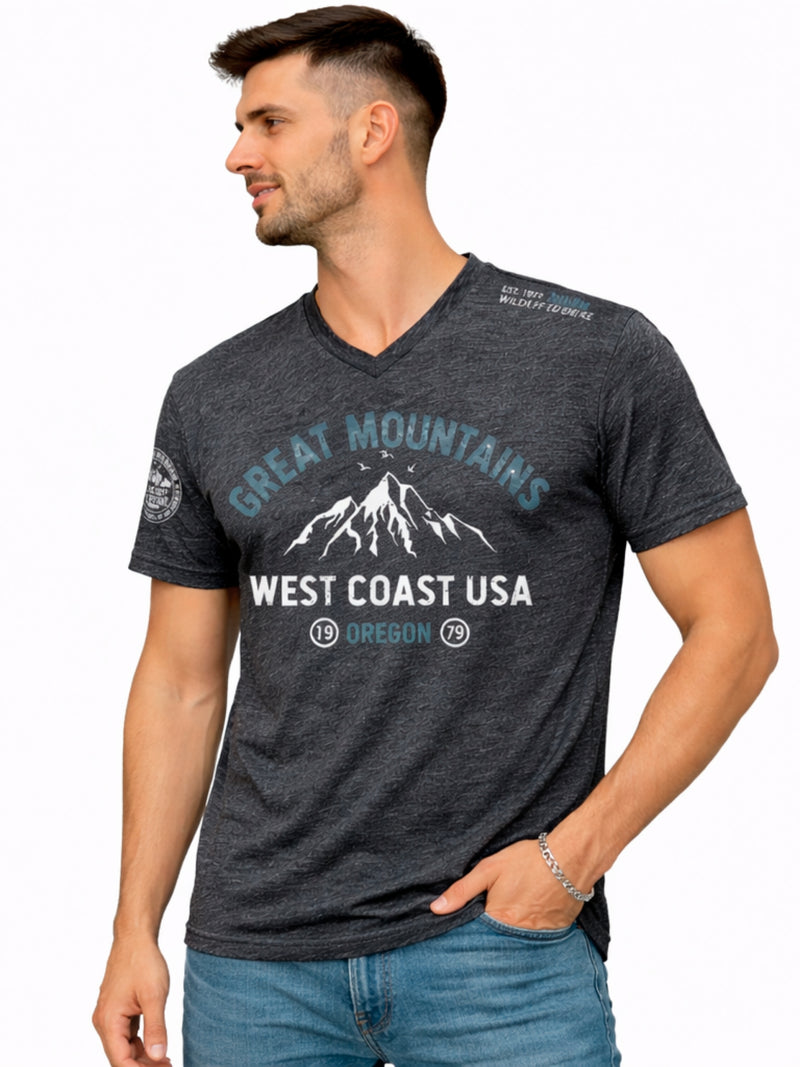 Men's Graphic Printed V Neck Tee Shirt - Charcoal Gray