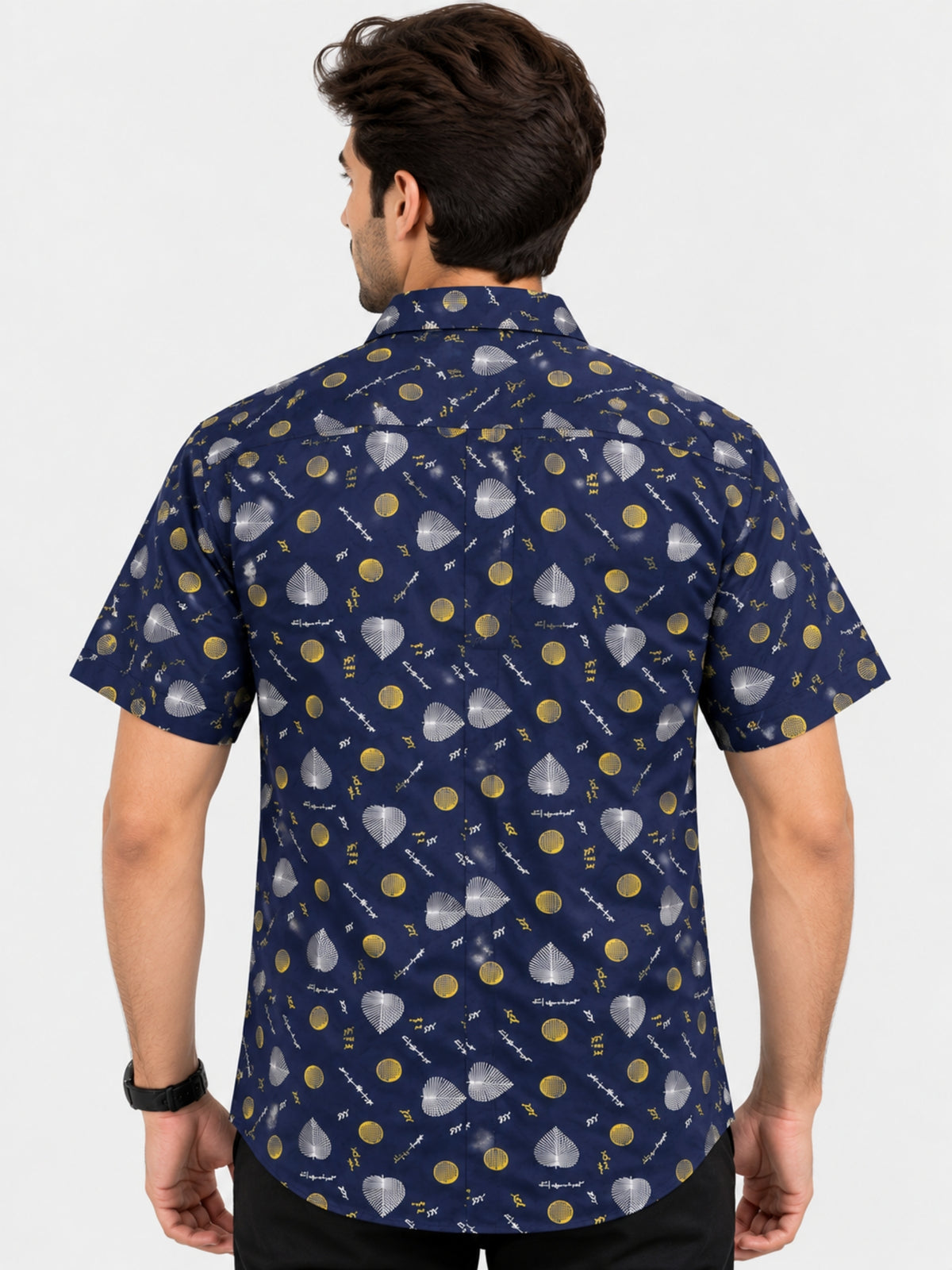Men’s Leaf & Polka Print Half Sleeve Casual Shirt – Navy