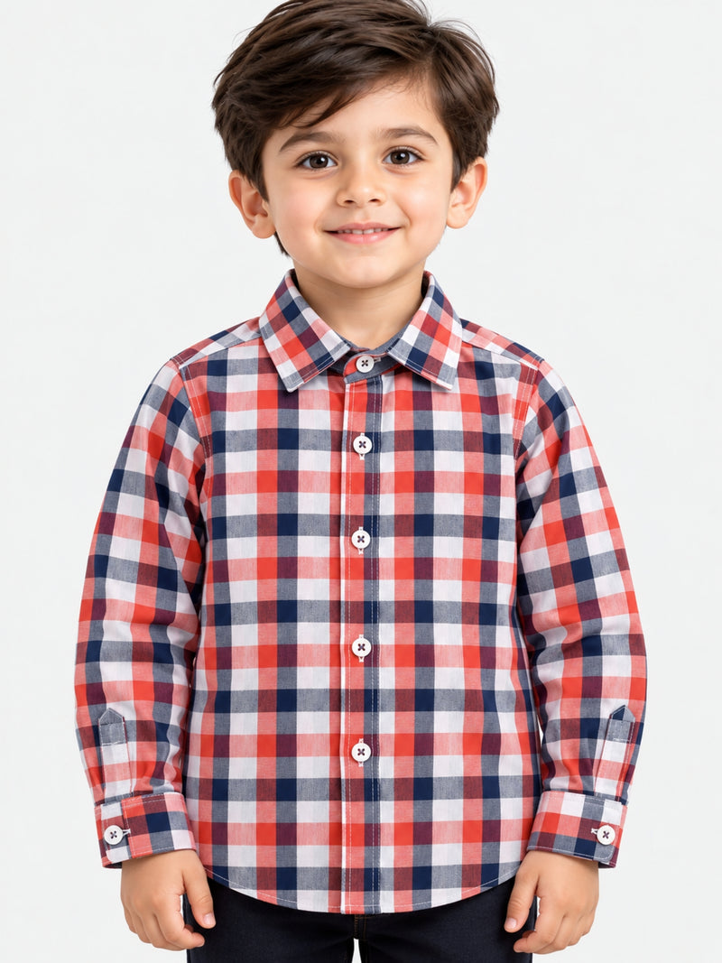 Boy's Red, White & Navy Checkered Full Sleeves Casual Shirt