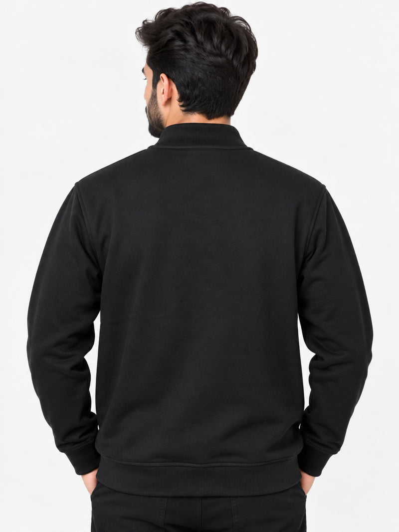 Hangree Solid Fleece Bomber Zipper Jacket - Black