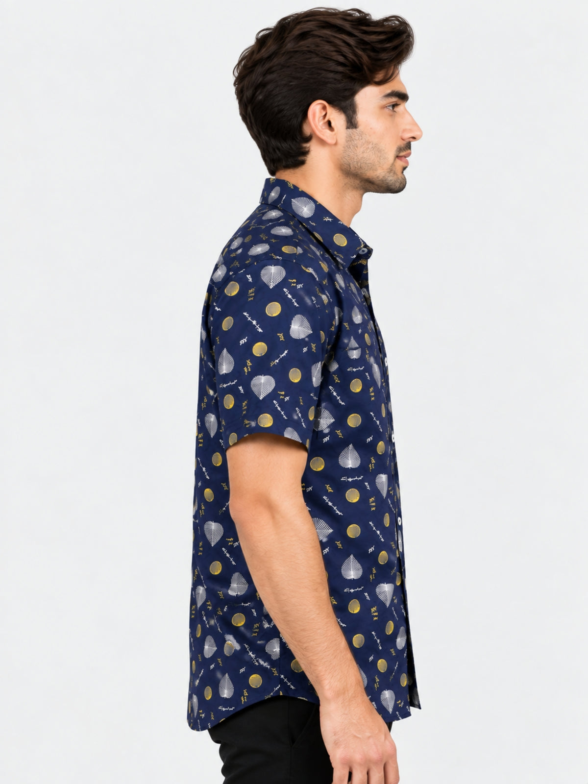 Men’s Leaf & Polka Print Half Sleeve Casual Shirt – Navy