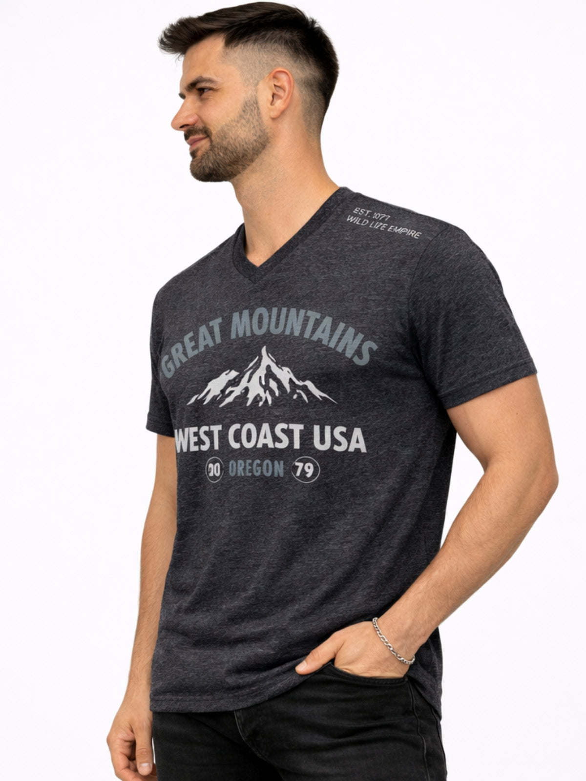 Men's Graphic Printed V Neck Tee Shirt - Charcoal Gray