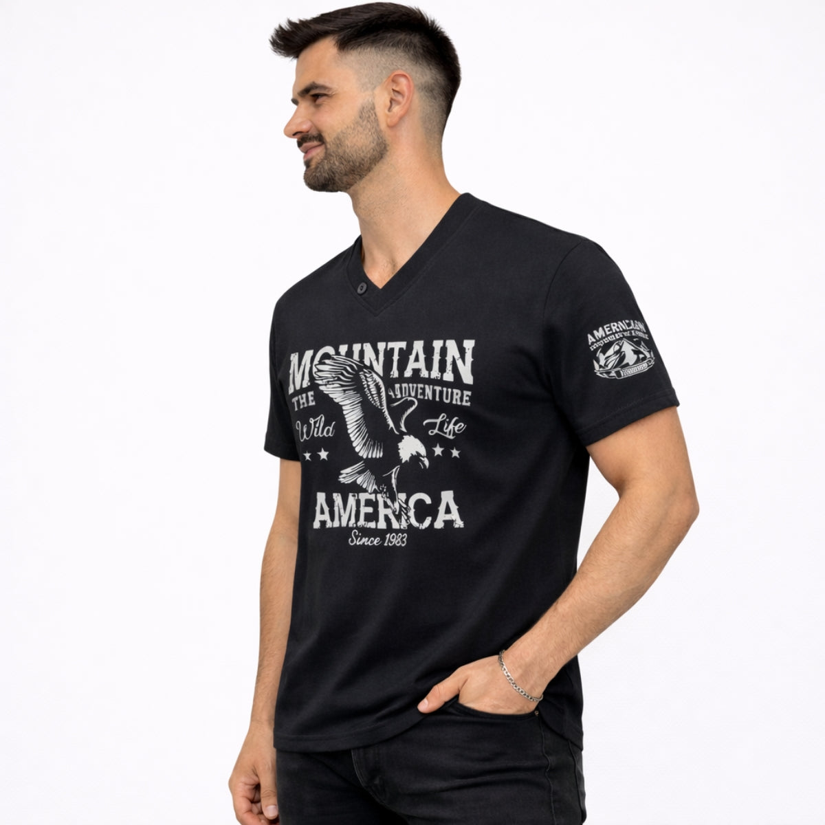Men's Graphic Printed V Neck Tee Shirt - Black