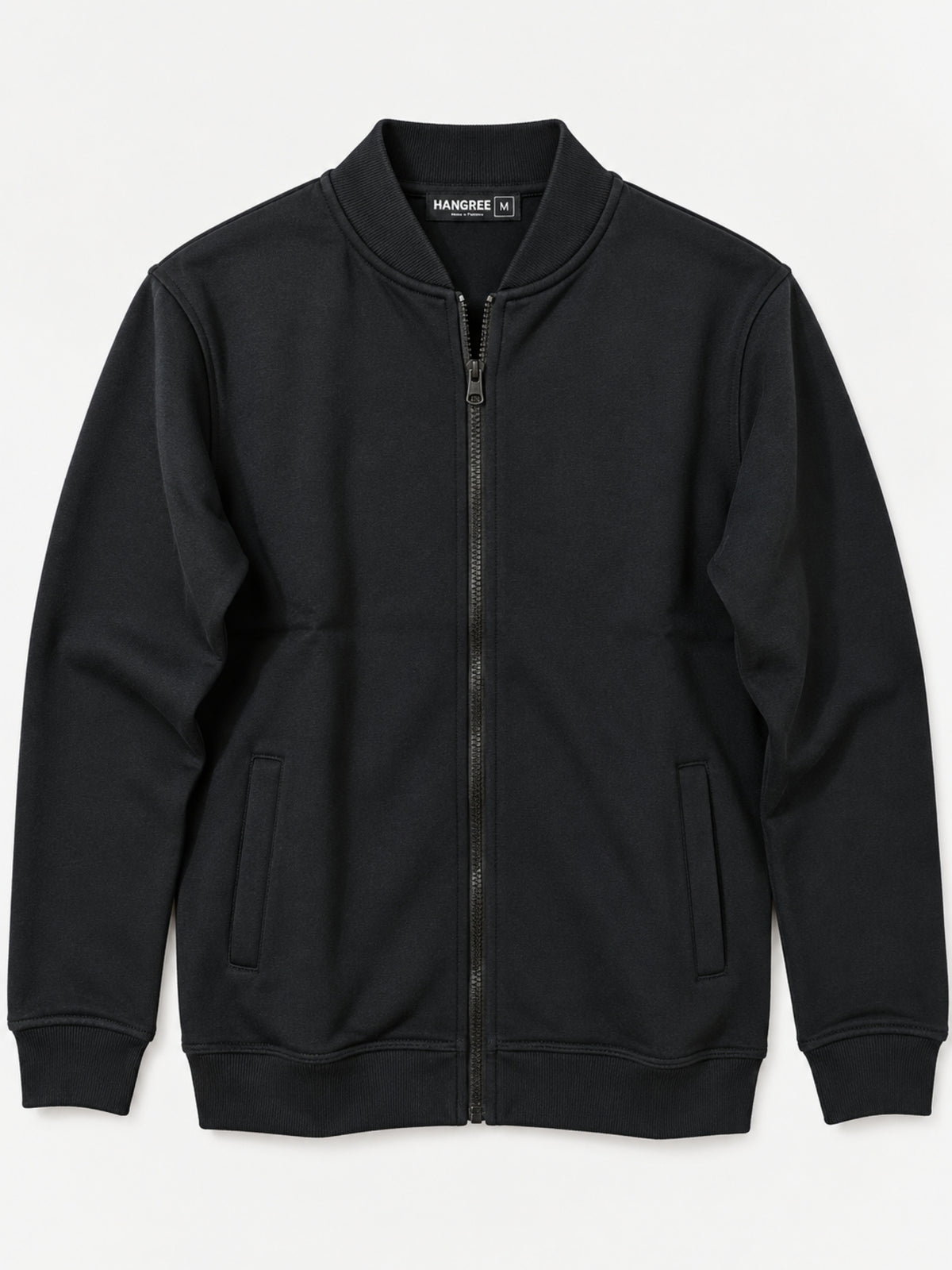 Hangree Solid Fleece Bomber Zipper Jacket - Black