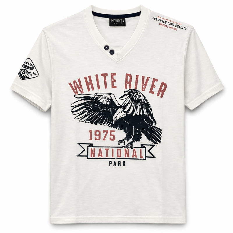 Men's Graphic Printed V Neck Tee Shirt - White