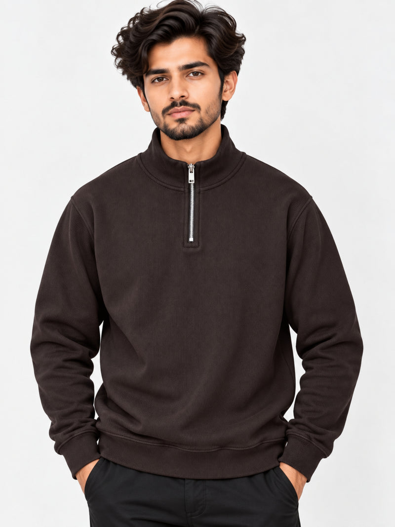 HG Men's Mock Neck Rib Knitted Full Sleeves Zipper Shirt - Choclate Brown