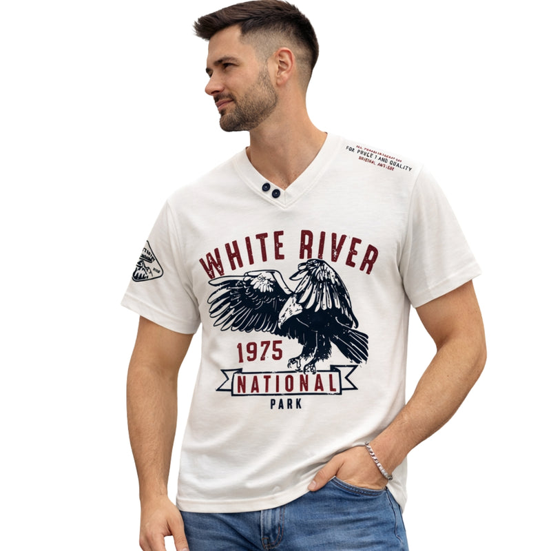 Men's Graphic Printed V Neck Tee Shirt - White