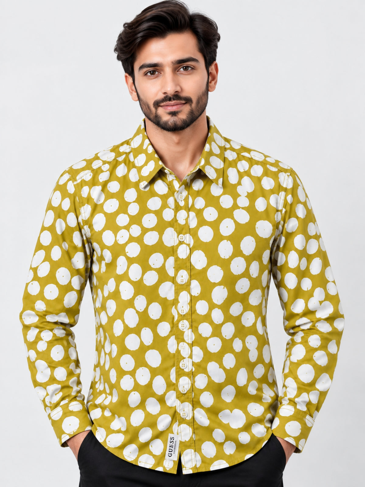 Men's Polka Dot Full Sleeves Casual Shirt - Mustard Yellow & White