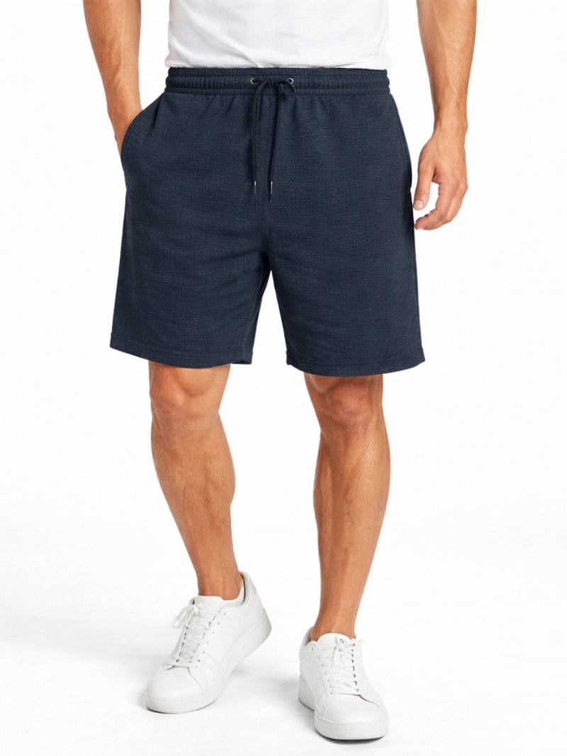 Men’s Horizontal Pattern Polyester Casual Two Quarter Shorts – Navy Black