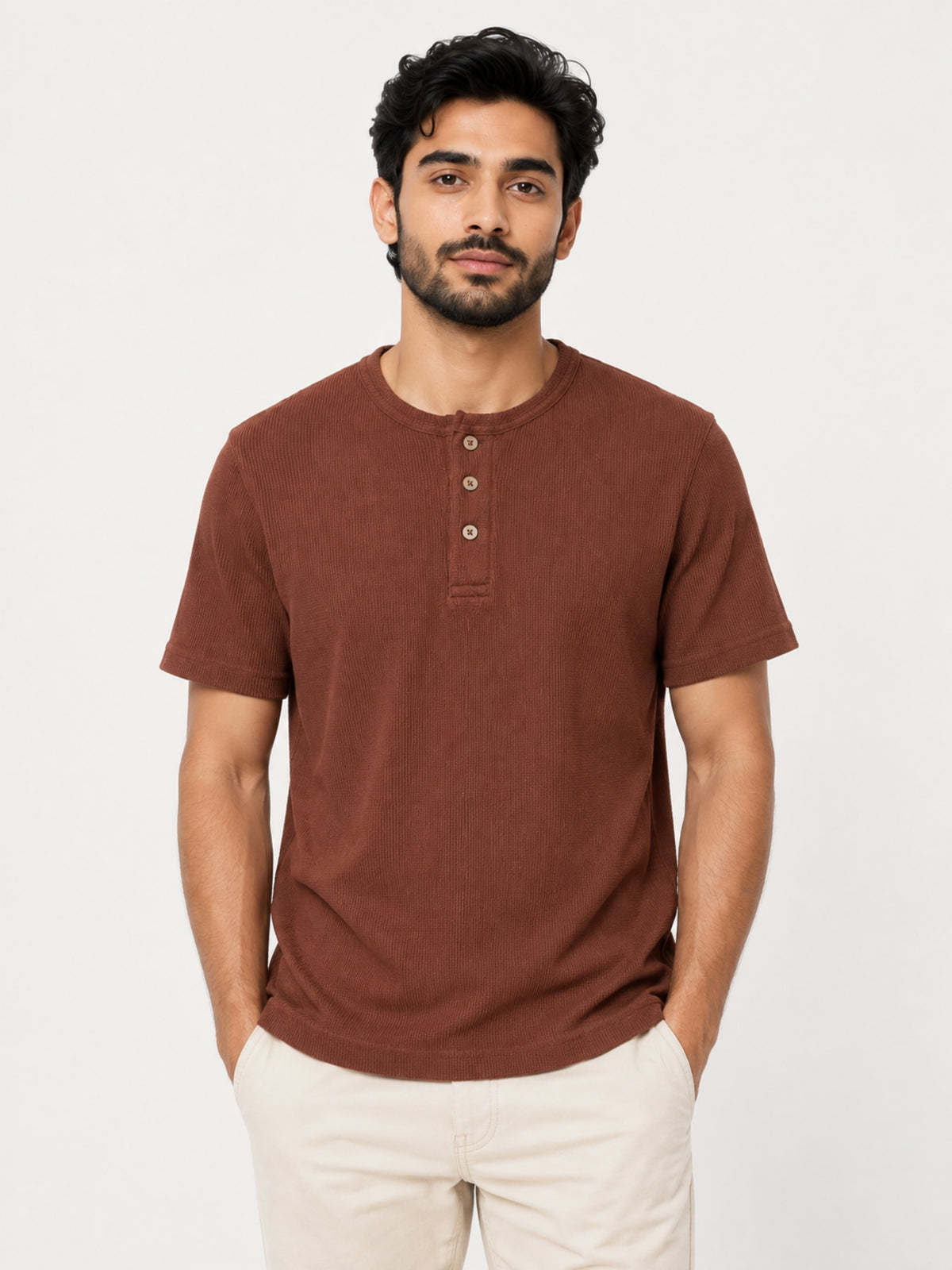 Exclusive Thermal Cotton Henley Tee Shirt - Brown