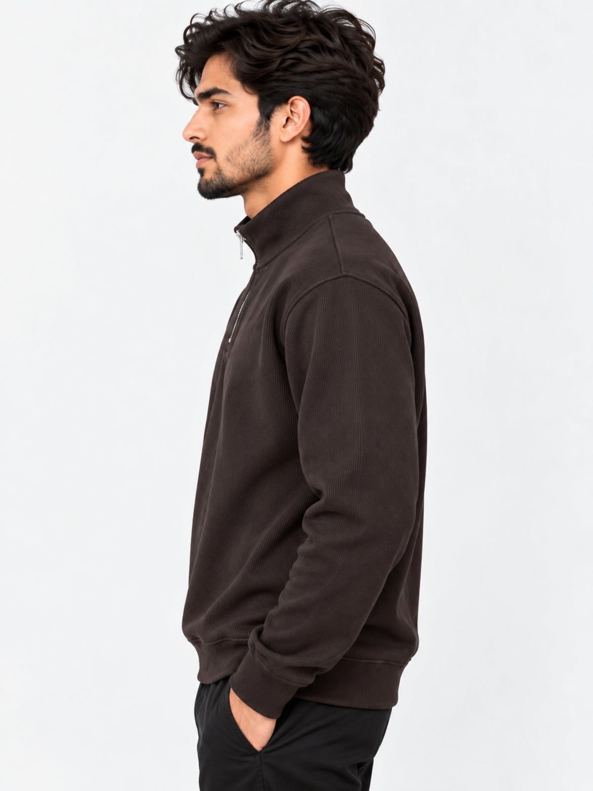 HG Men's Mock Neck Rib Knitted Full Sleeves Zipper Shirt - Choclate Brown