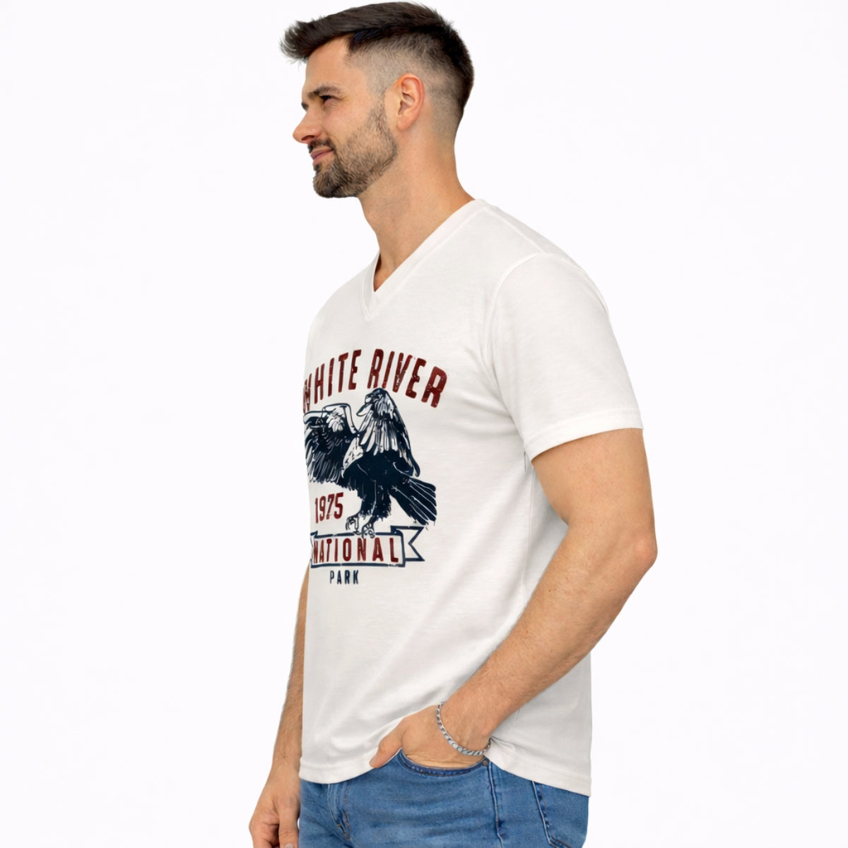 Men's Graphic Printed V Neck Tee Shirt - White