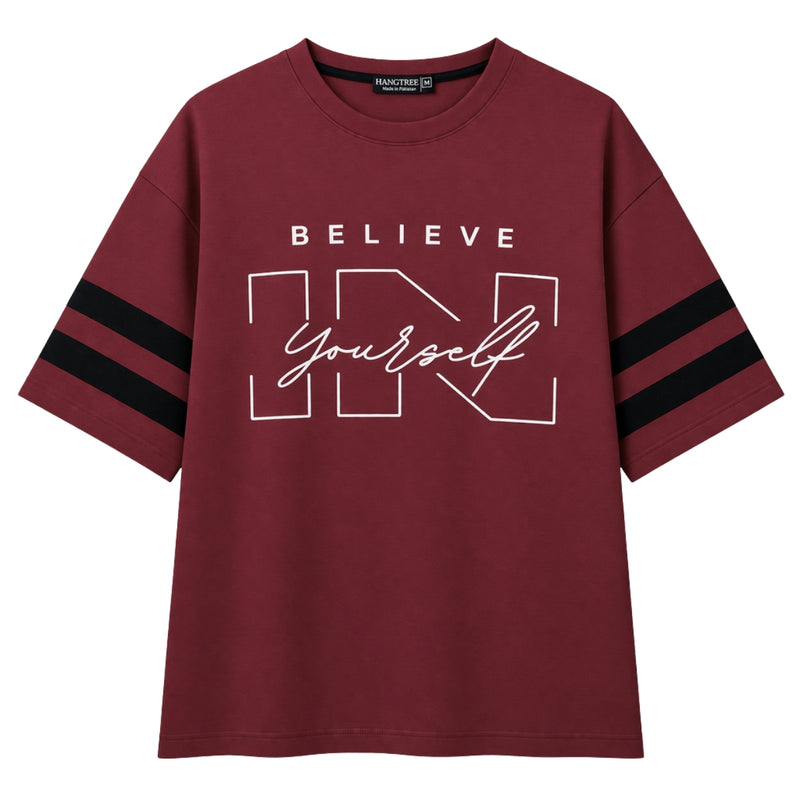 Unisex Oversized Graphic Printed Drop Shoulder T-Shirt - Red Wine