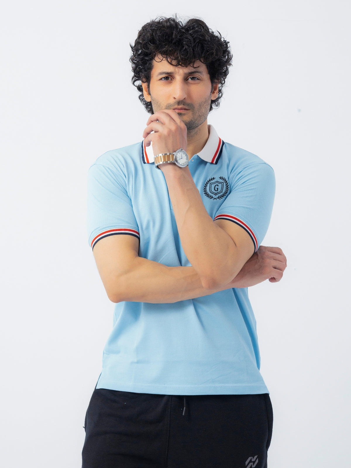 Mens’ Signature Embroidered Contrast Collar Polo Shirt – Sky Blue