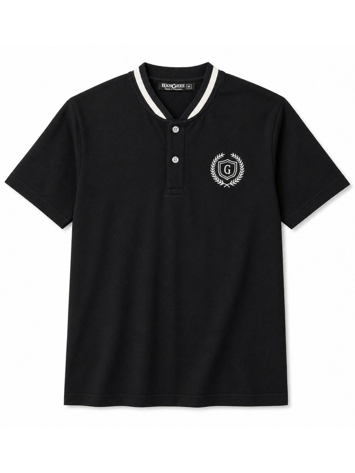 Men’s Signature Embroidered Contrast Neck Henley T-Shirt – Black
