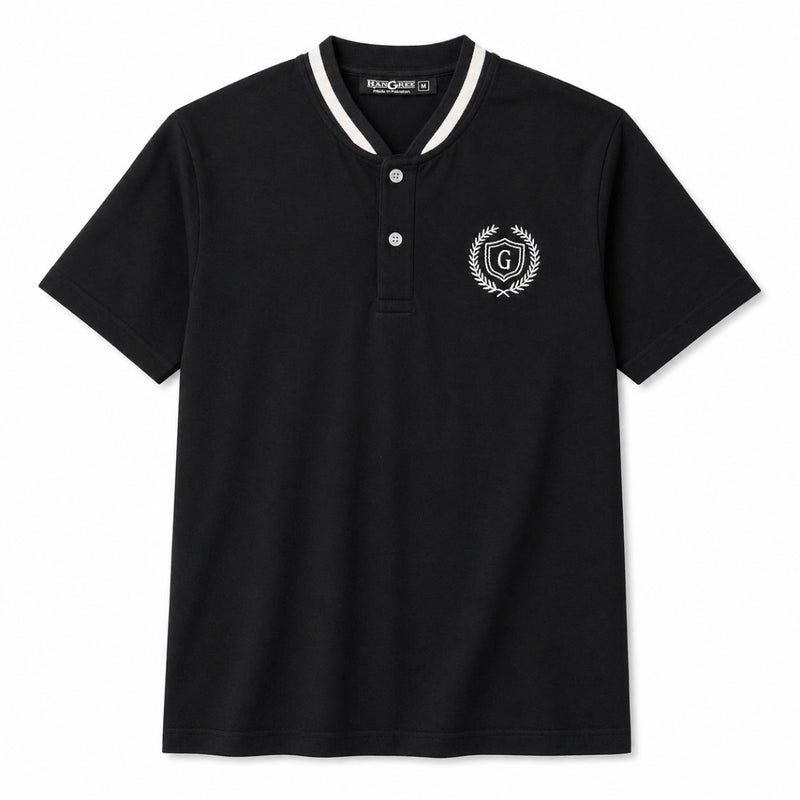 Men’s Signature Embroidered Contrast Neck Henley T-Shirt – Black