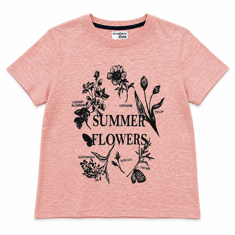 Girls’ Summer Flowers Graphic Printed T-Shirt – Peach