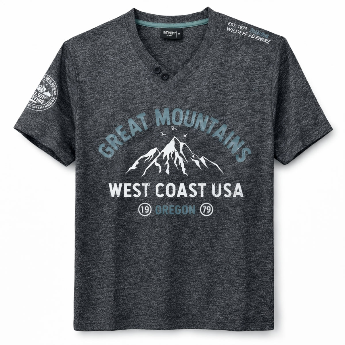 Men's Graphic Printed V Neck Tee Shirt - Charcoal Gray