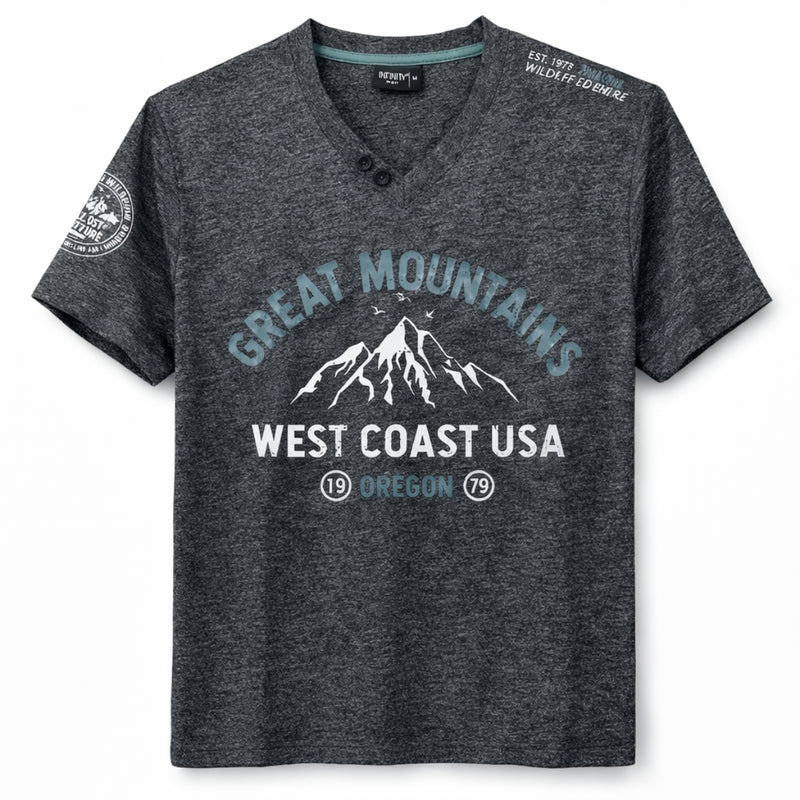 Men's Graphic Printed V Neck Tee Shirt - Charcoal Gray