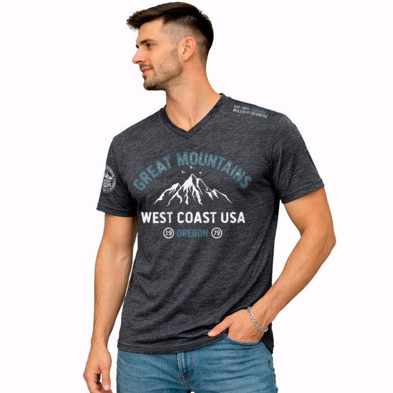 Men's Graphic Printed V Neck Tee Shirt - Charcoal Gray